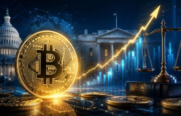 ビットコインと米国政府機関、上昇チャート、法の天秤を組み合わせた仮想通貨政策と倫理論争を表すアイキャッチ画像