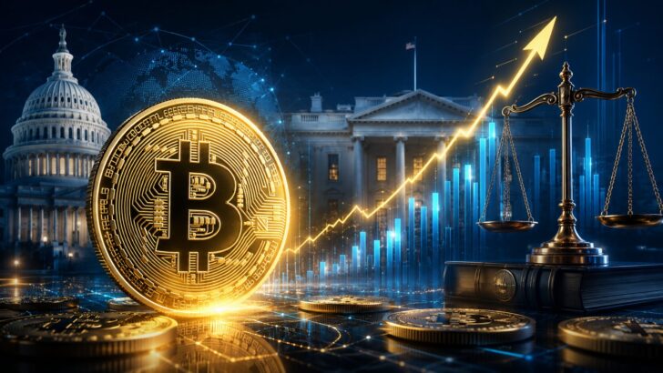 ビットコインと米国政府機関、上昇チャート、法の天秤を組み合わせた仮想通貨政策と倫理論争を表すアイキャッチ画像