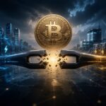 中央のビットコインを挟んで、左右から伸びる接続が中央で断たれている様子を描いたイメージ。Twenty OneとStrikeの合併中止を象徴している。