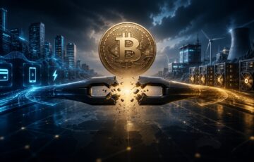 中央のビットコインを挟んで、左右から伸びる接続が中央で断たれている様子を描いたイメージ。Twenty OneとStrikeの合併中止を象徴している。