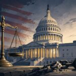 米国議会議事堂と正義の天秤、切れた鎖を描いたイラスト