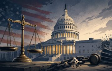 米国議会議事堂と正義の天秤、切れた鎖を描いたイラスト