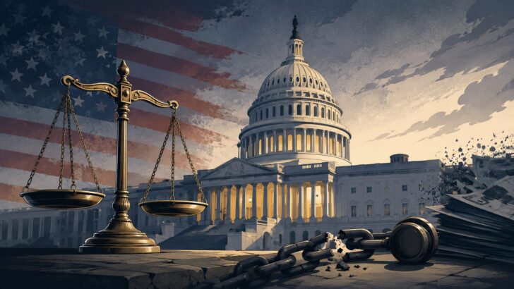 米国議会議事堂と正義の天秤、切れた鎖を描いたイラスト