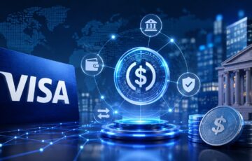 Visaの決済ネットワークと銀行、ステーブルコインの連携を表現したイメージ