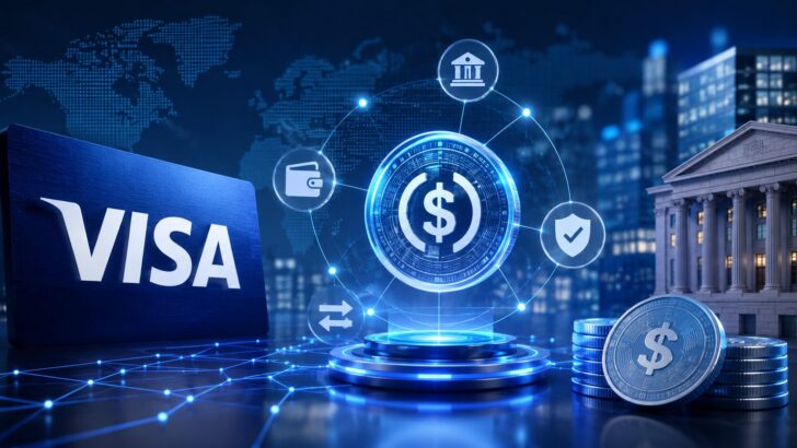 Visaの決済ネットワークと銀行、ステーブルコインの連携を表現したイメージ
