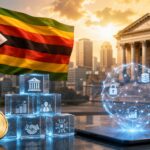 ジンバブエ国旗とブロックチェーンネットワーク、トークン化された資産を表現したイメージ