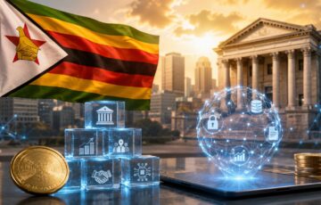 ジンバブエ国旗とブロックチェーンネットワーク、トークン化された資産を表現したイメージ