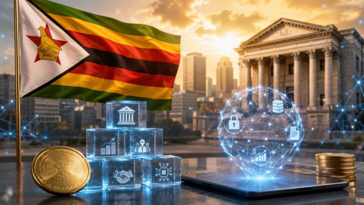 ジンバブエ国旗とブロックチェーンネットワーク、トークン化された資産を表現したイメージ