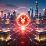 デジタル人民元を中心に複数の銀行がネットワークで接続された中国の金融システムを表現したイメージ