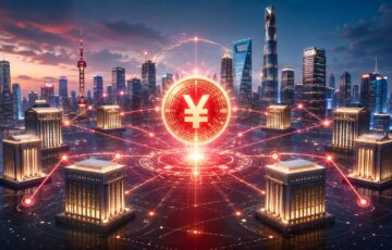 デジタル人民元を中心に複数の銀行がネットワークで接続された中国の金融システムを表現したイメージ