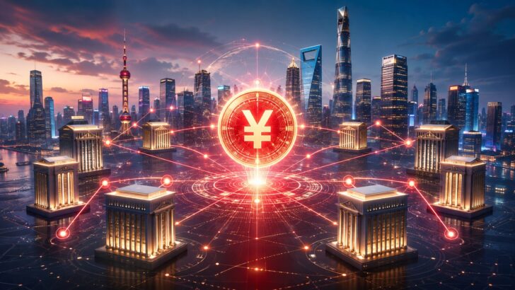 デジタル人民元を中心に複数の銀行がネットワークで接続された中国の金融システムを表現したイメージ