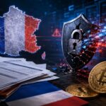 フランスの税務データ漏洩とビットコイン保有者へのサイバー・物理攻撃リスクを表現したイメージ