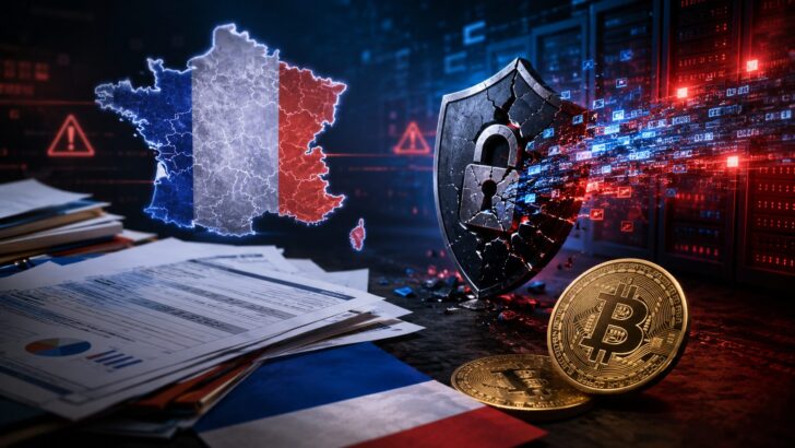 フランスの税務データ漏洩とビットコイン保有者へのサイバー・物理攻撃リスクを表現したイメージ