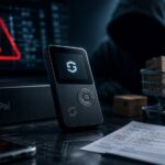 SafePalのハードウェアウォレットと警告表示、フィッシング被害を象徴するサイバーセキュリティのイメージ