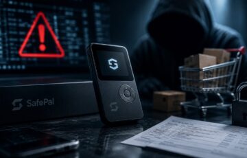 SafePalのハードウェアウォレットと警告表示、フィッシング被害を象徴するサイバーセキュリティのイメージ