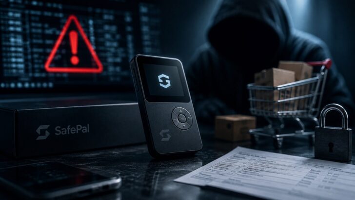 SafePalのハードウェアウォレットと警告表示、フィッシング被害を象徴するサイバーセキュリティのイメージ
