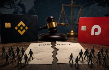 BinanceとRedotPayの訴訟をイメージした、決済カードと天秤、裁判槌を配置したビジュアル