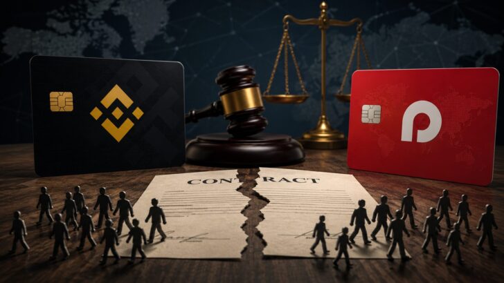 BinanceとRedotPayの訴訟をイメージした、決済カードと天秤、裁判槌を配置したビジュアル