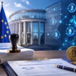 オーストリアとEUの旗、規制文書、暗号資産を組み合わせたMiCA規制のイメージ