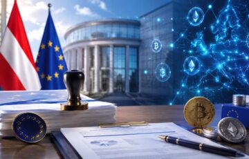 オーストリアとEUの旗、規制文書、暗号資産を組み合わせたMiCA規制のイメージ