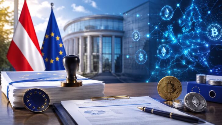 オーストリアとEUの旗、規制文書、暗号資産を組み合わせたMiCA規制のイメージ