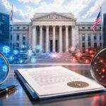 米政府機関の庁舎とブロックチェーン分析を象徴するネットワーク、契約書を描いたイメージ