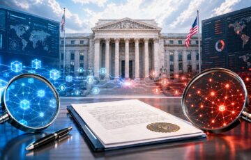 米政府機関の庁舎とブロックチェーン分析を象徴するネットワーク、契約書を描いたイメージ