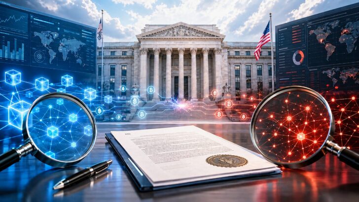米政府機関の庁舎とブロックチェーン分析を象徴するネットワーク、契約書を描いたイメージ