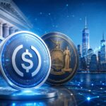 ニューヨークの金融規制と信頼の象徴に守られるUSDCを表現したイメージ