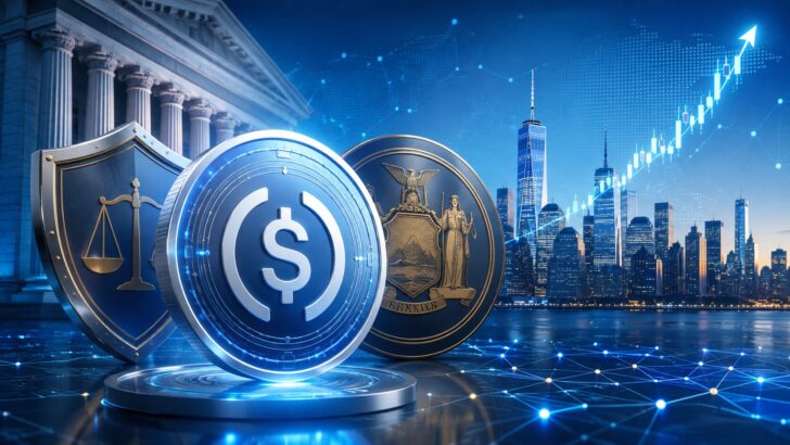 ニューヨークの金融規制と信頼の象徴に守られるUSDCを表現したイメージ