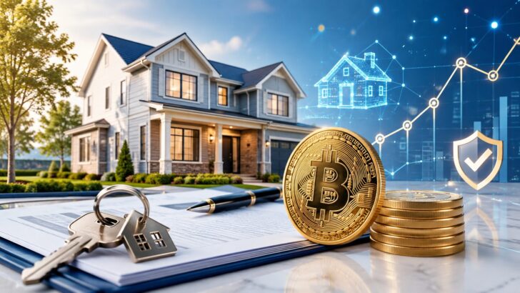 住宅とビットコイン、住宅ローン契約書を組み合わせたビットコイン担保住宅ローンのイメージ