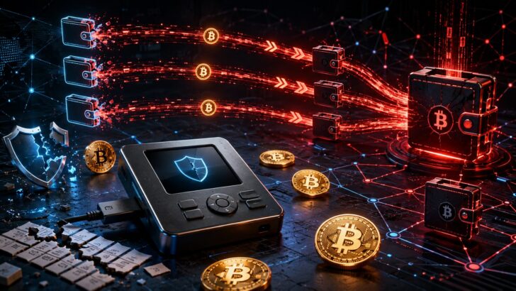 Coldcardウォレットの脆弱性を悪用し、複数の攻撃波でビットコインが流出する様子