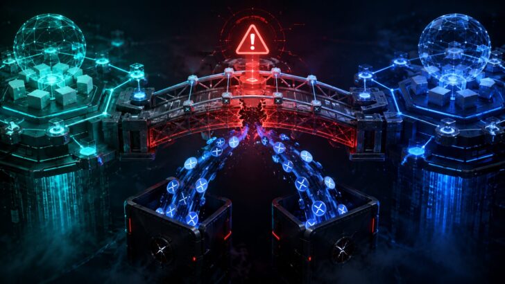 Coreum Bridgeの脆弱性を悪用した攻撃によりXRPが流出する様子を表現したサイバーセキュリティのイメージ。