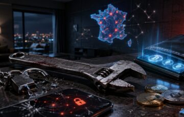 仮想通貨を狙うレンチ攻撃の増加をイメージしたアイキャッチ。テーブル上のレンチや壊れた南京錠、仮想通貨ウォレット、フランスの地図表示によって、物理的な脅迫と仮想通貨犯罪の広がりを表現している。