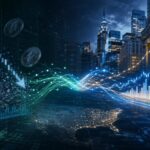 仮想通貨取引の減速と米国市場での事業拡大を象徴する金融イメージ。下落する仮想通貨チャートと上昇する株式市場のグラフ、米国の金融街を想起させる都市景観が描かれている。