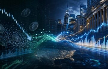 仮想通貨取引の減速と米国市場での事業拡大を象徴する金融イメージ。下落する仮想通貨チャートと上昇する株式市場のグラフ、米国の金融街を想起させる都市景観が描かれている。