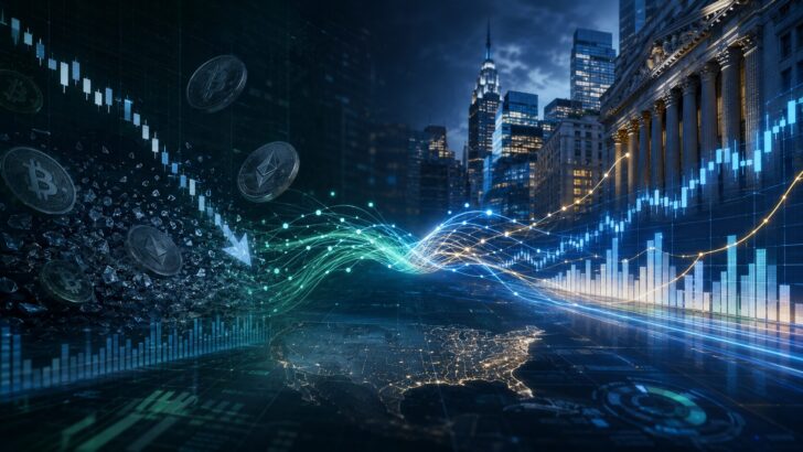 仮想通貨取引の減速と米国市場での事業拡大を象徴する金融イメージ。下落する仮想通貨チャートと上昇する株式市場のグラフ、米国の金融街を想起させる都市景観が描かれている。