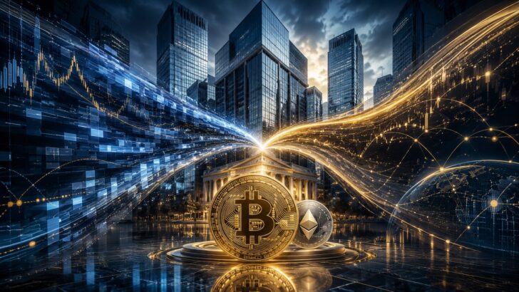 ゴールドマン・サックスによるNEOS買収とビットコイン収益型ETF事業の拡大をイメージした金融市場のビジュアル