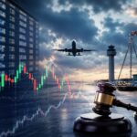 フライトキャンセル予測市場を巡るKalshiの法的争いを表現した航空機、相場チャート、天秤と木槌のイメージ