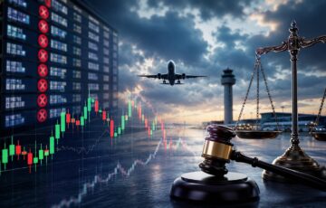 フライトキャンセル予測市場を巡るKalshiの法的争いを表現した航空機、相場チャート、天秤と木槌のイメージ
