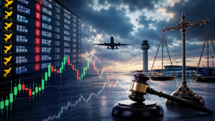フライトキャンセル予測市場を巡るKalshiの法的争いを表現した航空機、相場チャート、天秤と木槌のイメージ
