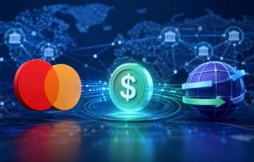 MastercardとBorderless.xyzによる国境を越えたステーブルコイン決済の検証をイメージした、デジタル通貨、グローバル送金、ネットワーク接続を表現したビジュアル