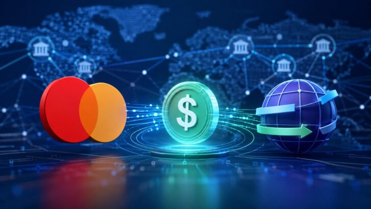MastercardとBorderless.xyzによる国境を越えたステーブルコイン決済の検証をイメージした、デジタル通貨、グローバル送金、ネットワーク接続を表現したビジュアル