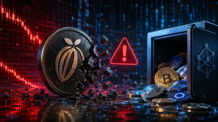 Maya ProtocolのハッキングによるCACAO価格急落と仮想通貨流出を表現したイメージ
