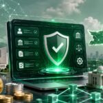 パキスタンの仮想通貨ライセンス制度をイメージした、認証画面とデジタル金融ネットワークの3Dイラスト