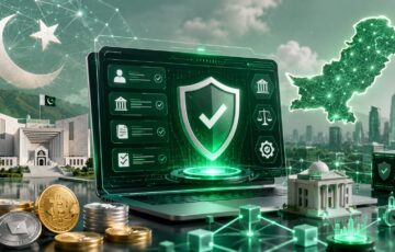 パキスタンの仮想通貨ライセンス制度をイメージした、認証画面とデジタル金融ネットワークの3Dイラスト