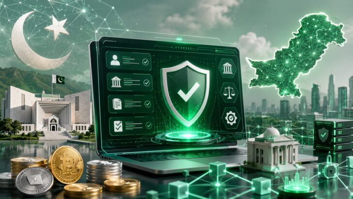 パキスタンの仮想通貨ライセンス制度をイメージした、認証画面とデジタル金融ネットワークの3Dイラスト