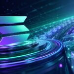Solanaのスロット時間短縮をイメージした、近未来的なネットワークと発光するシンボルの3Dイラスト