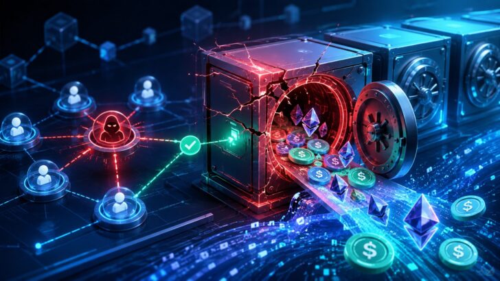 ガバナンス上の脆弱性を悪用され、仮想通貨が流出するDeFi金庫を表現したイメージ