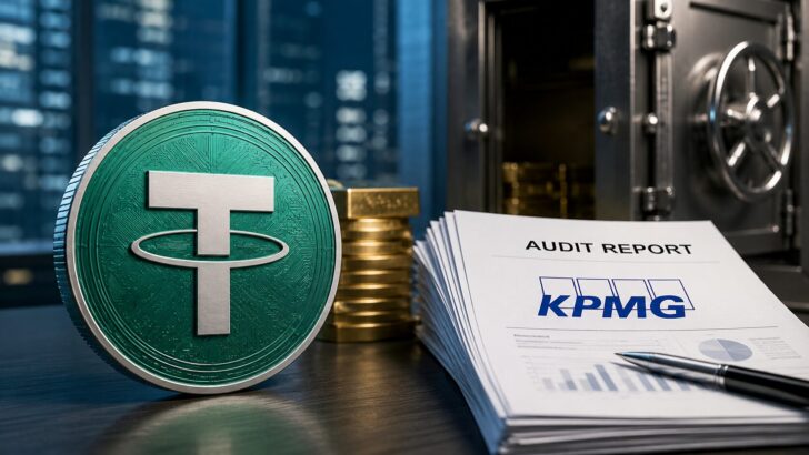 テザーのUSDTと監査報告書、金塊、金庫を組み合わせ、KPMGによる初の包括的監査完了を表現したアイキャッチ画像